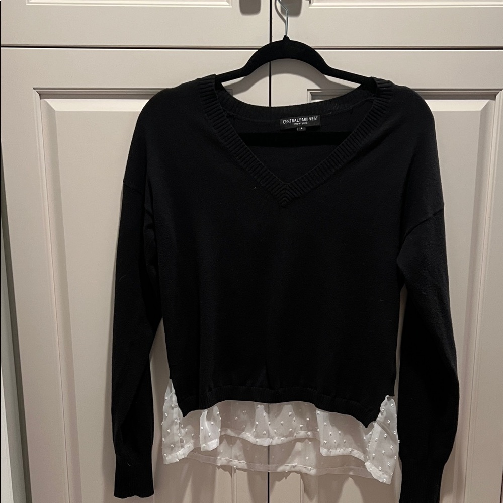 Central Park West Charming Charlie Black V-Neck Sweatshirt with White Ruffle